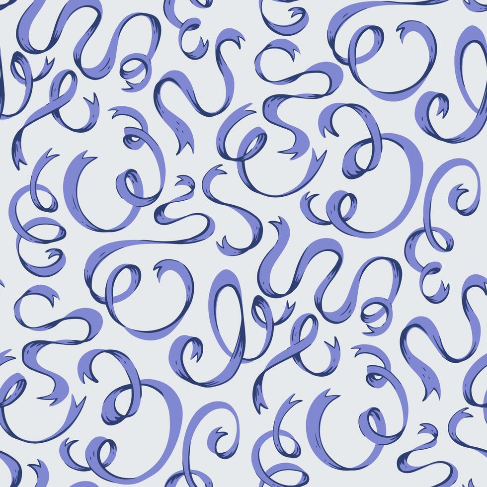 Coquette Blue Ribbon Swirls Seamless Pattern. Whimsical Hand-Drawn Curls in Soft Blue Tones. Feminine and Flirty Background Perfect for Valentine's Day, Stationery, Gift Wrap, Romantic Designs. vector
