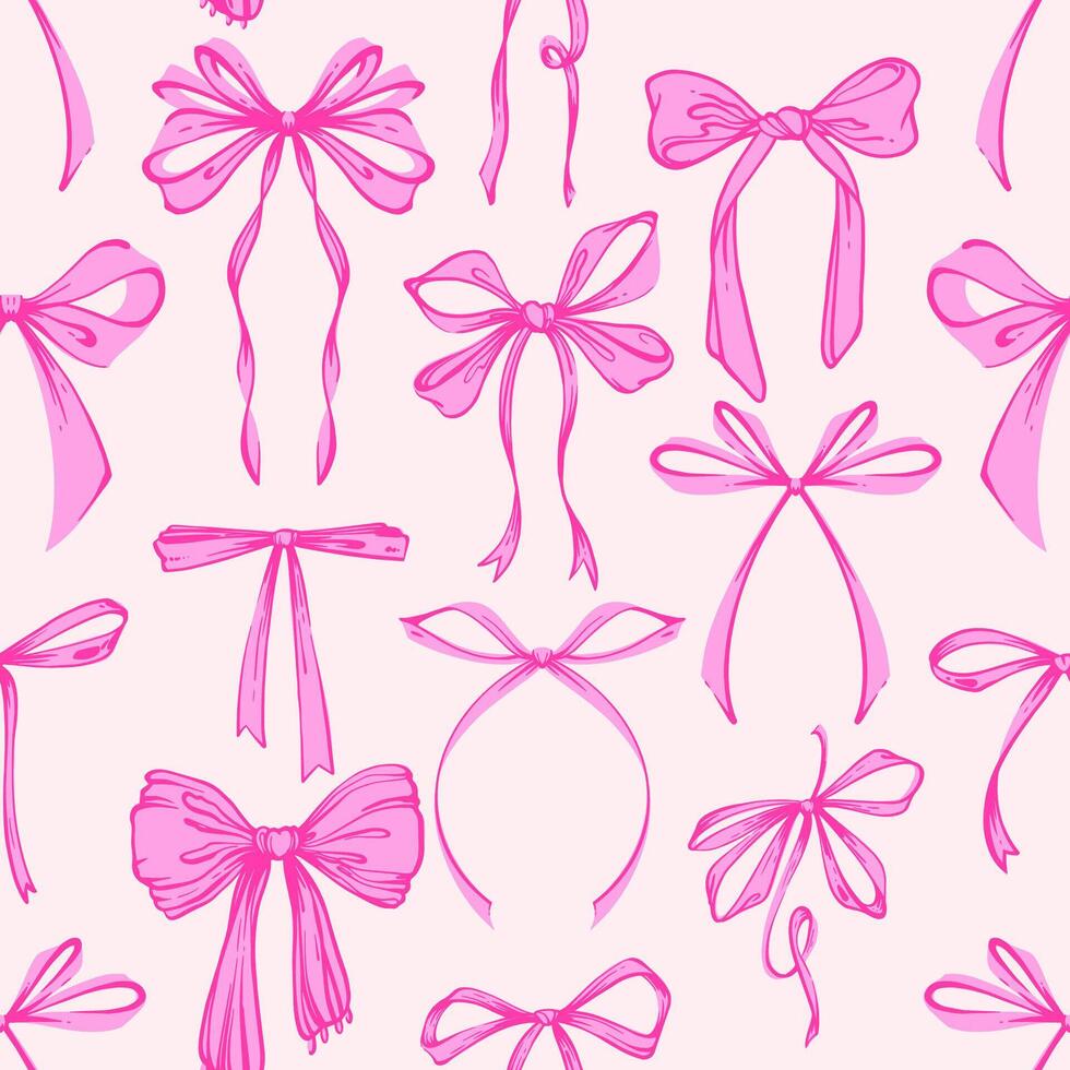 Cute Ribbon Bow Seamless Pattern. Soft and Feminine Rococo Background with Hand-Drawn Pink Bows. Romantic, Coquette Design. Perfect for Fabric, Stationery, Wrapping, and Digital Projects. vector