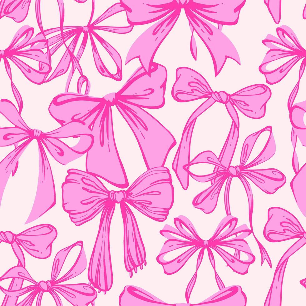 Pink Ribbon Bow Seamless Pattern. Hand-Drawn Rococo Soft and Feminine Pink Background. Romantic, Coquette Design. Perfect for Fabric, Stationery, Wrapping, and Digital Projects vector