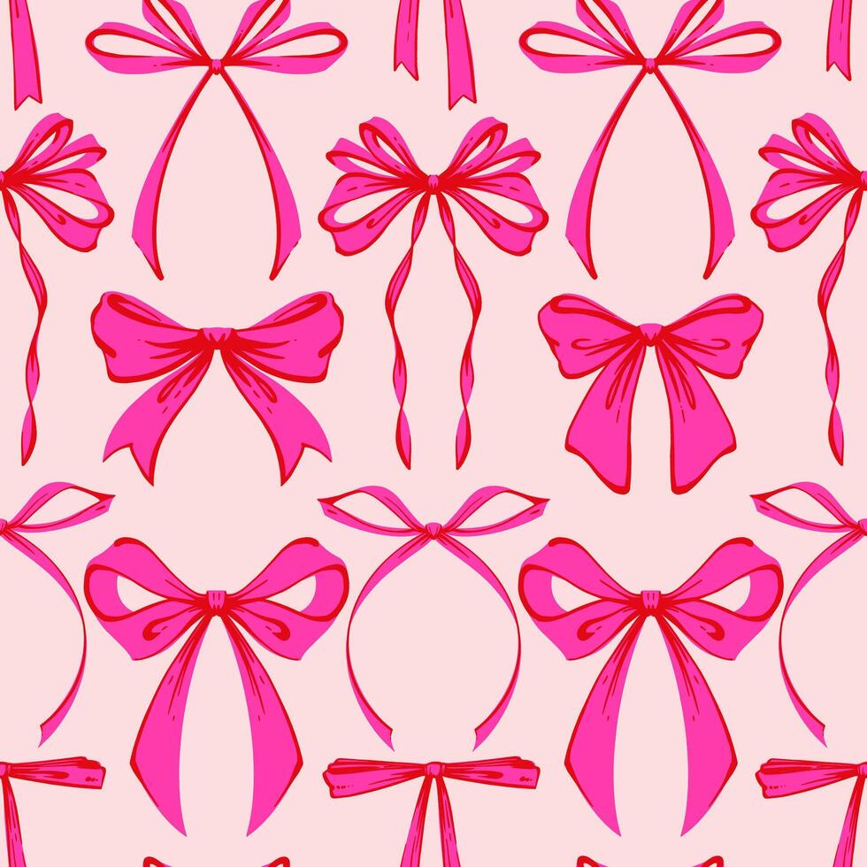 Pink Ribbon Bow Seamless Pattern. Hand-Drawn Rococo Soft and Feminine Pink Background. Romantic, Coquette Design. Perfect for Fabric, Stationery, Wrapping vector