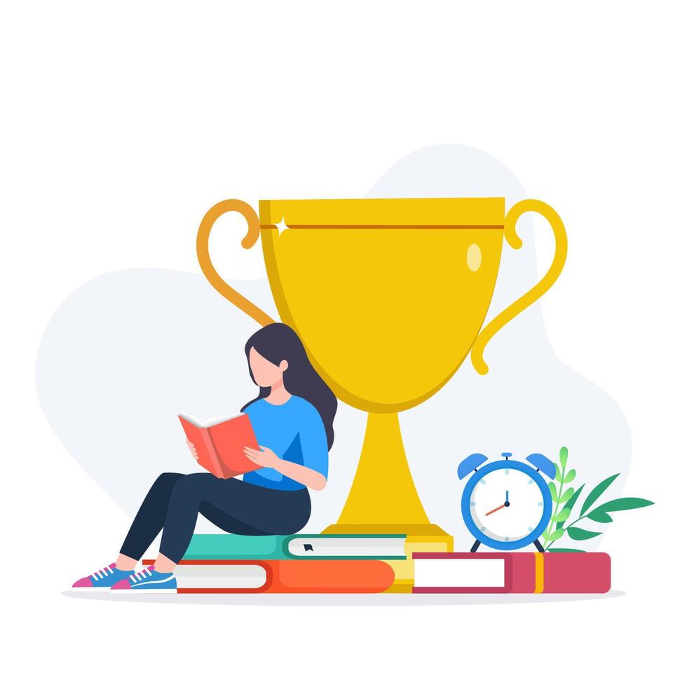 Girl reading book and cup of coffee on books and clock illustration vector