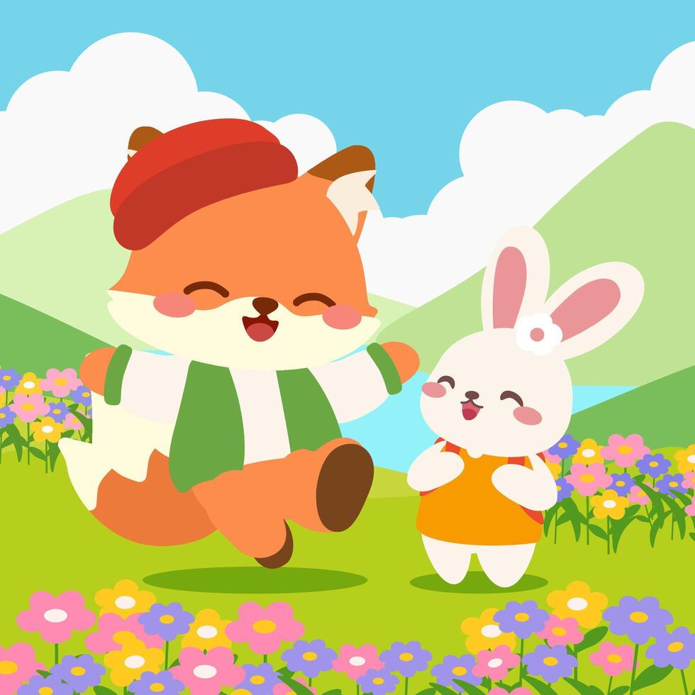 Cute Fox and Bunny Friends in Spring Flower Field. Cartoon Illustration. Happy Fox and Rabbit in Colorful Meadow. vector