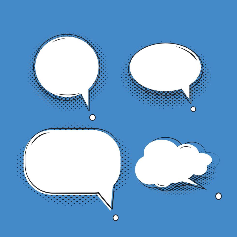 Set of cute white speech bubble icons on blue background. vector