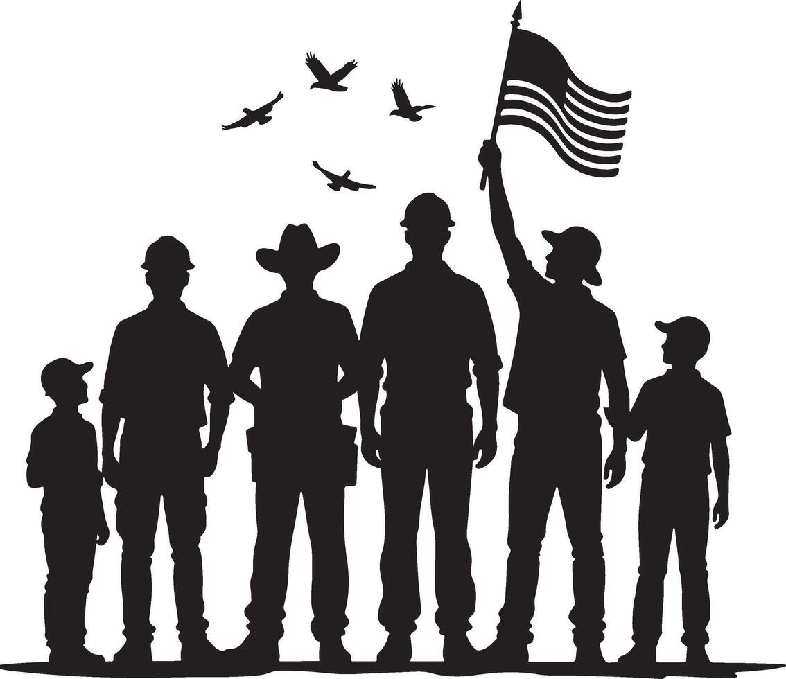 Silhouette of Diverse Workers with American Flag vector