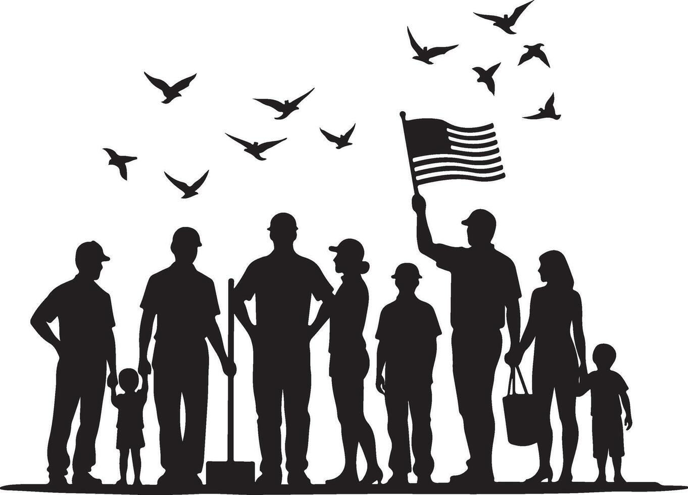 Minimalist Worker Silhouette with Children and Flag vector
