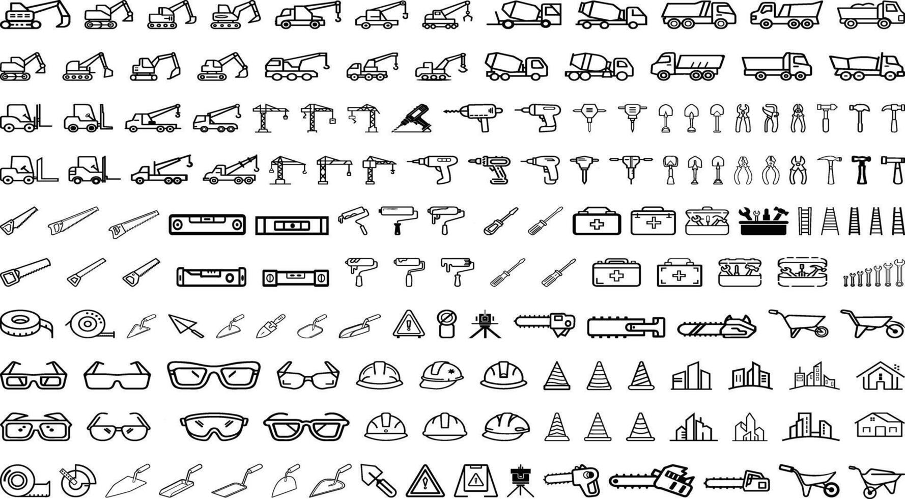 Construction Line Icons Silhouette illustrator. Vehicles, Tools, Safety Equipment, Architecture Symbols Se vector