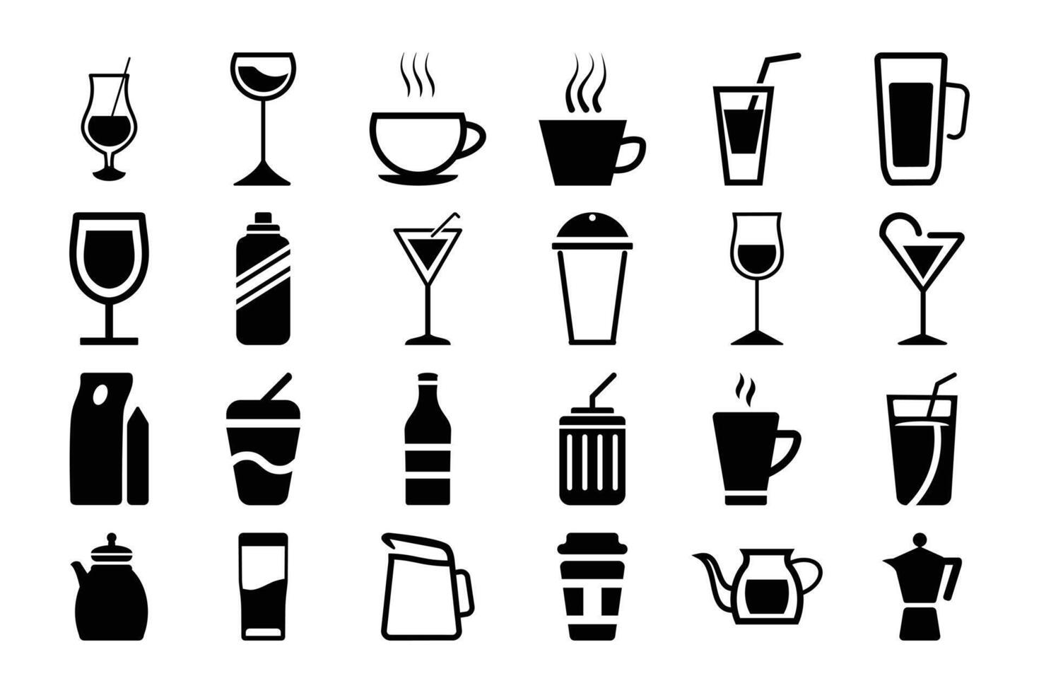 Printset of black drink icons. coffee, tea, juice, wine, cocktails, beverage icons, set of 24 minimal drink icons, for restaurant menu, web page, mobile app, packaging design vector