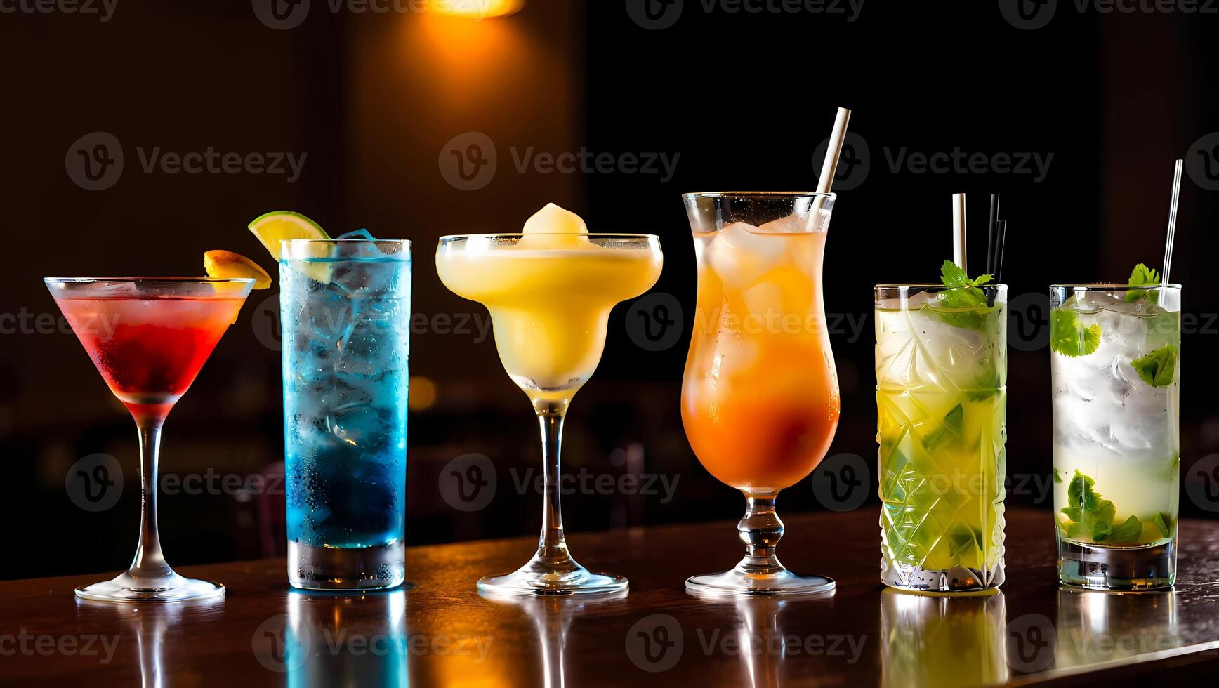 Colorful Cocktails Displayed on a Bar Counter photo