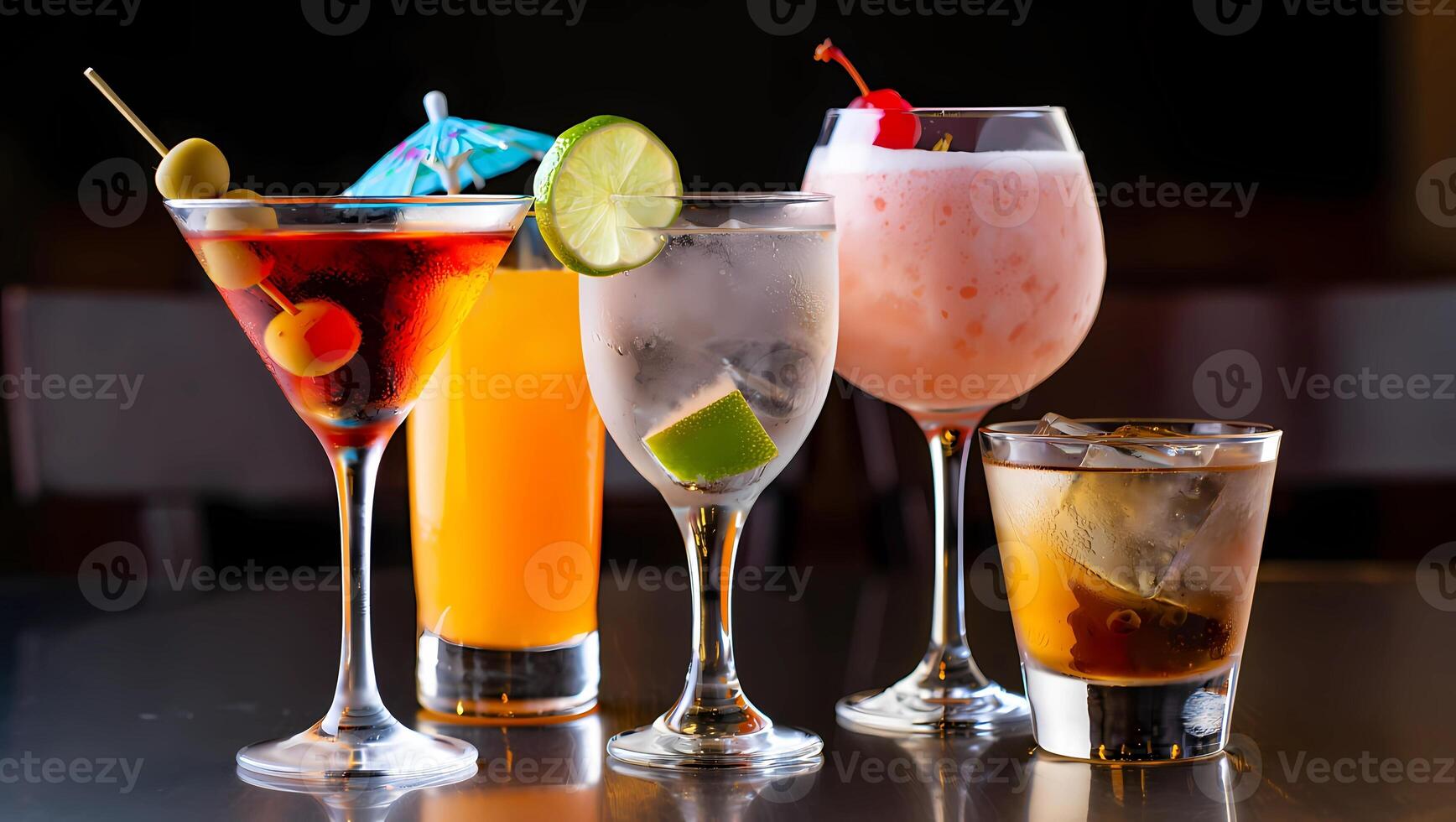 Assorted Colorful Cocktails on a Dark Table photo