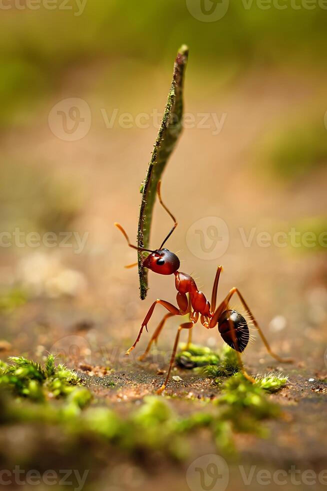 Tiny Red Ant Carrying a Slender Leaf photo