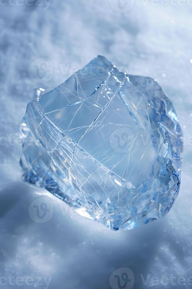 Luminous Blue Ice Chunk on a Frosted Surface photo