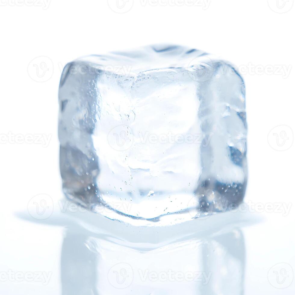 Single Clear Ice Cube Reflecting on a Bright Surface photo