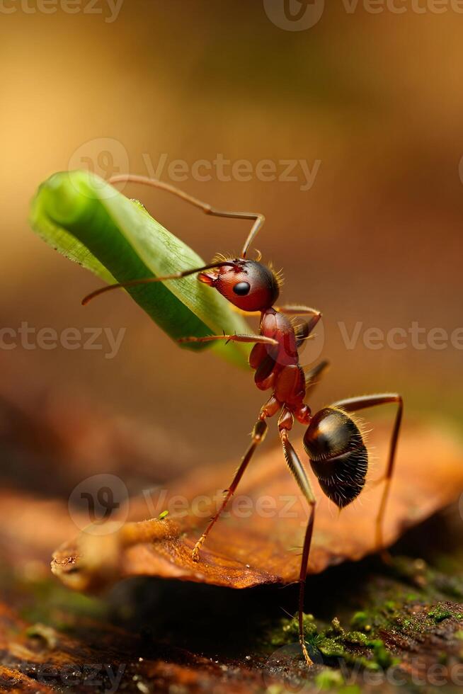 Determined Carrier Red Ant Lifting a Vibrant Green Blade photo