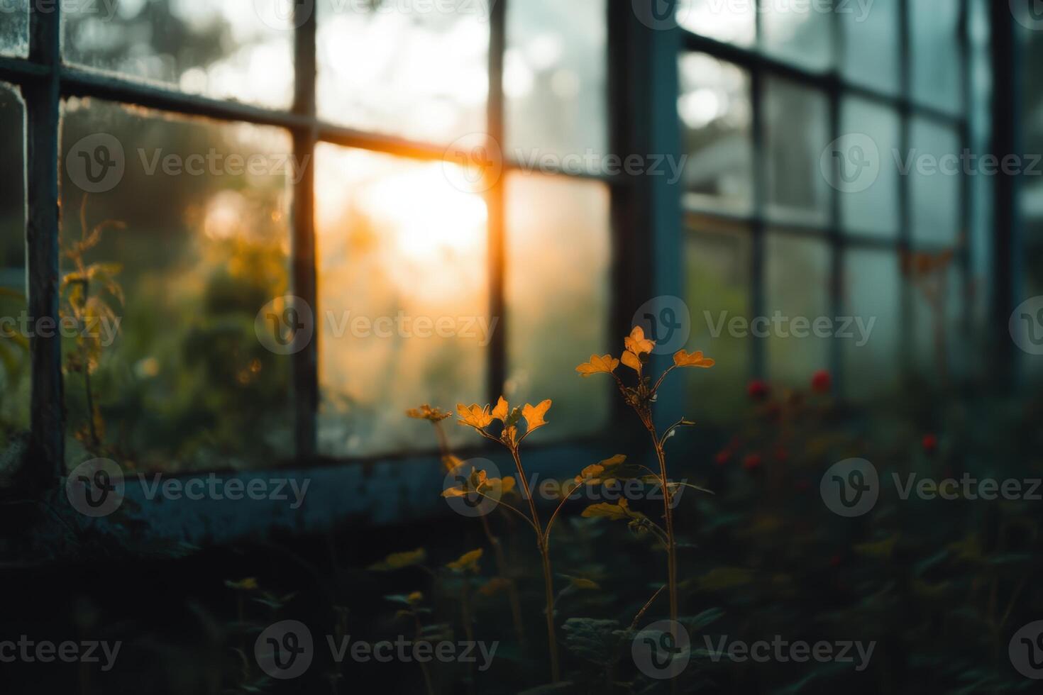 Golden sunlight shines through foggy windows illuminating wildflowers at dawn photo