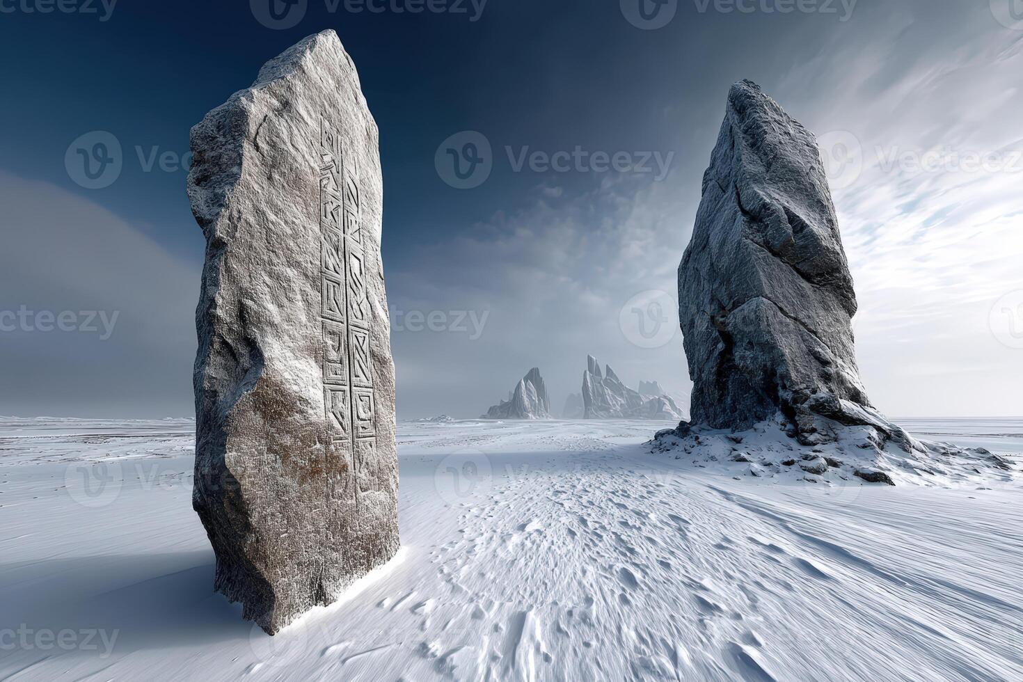 Mysterious stone formations in a snowy landscape at dusk with distant peaks photo