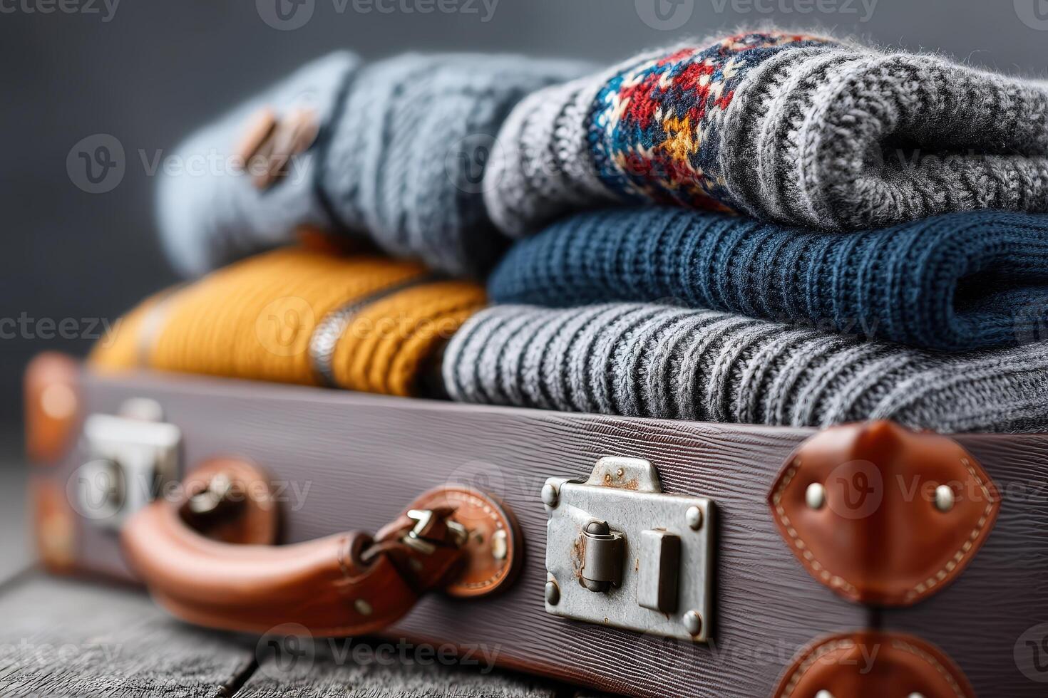 Warm sweaters neatly stacked in a vintage suitcase, ready for a cozy winter getaway photo