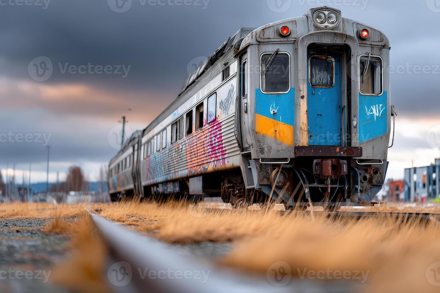 Old train resting on rusty tracks amidst tall grass during a cloudy sunset in an urban area photo