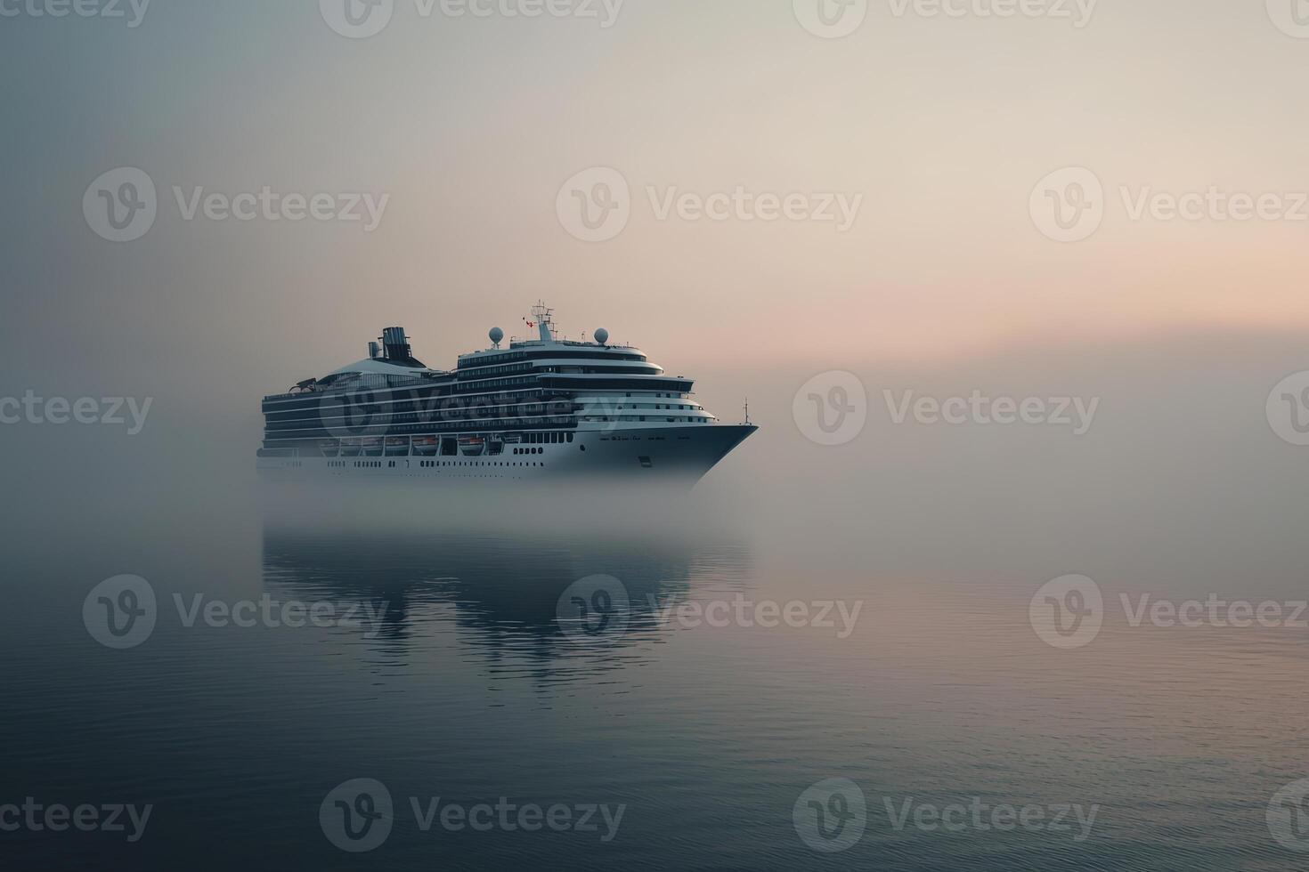 Cruise ship sailing through foggy waters at dawn near an undisclosed coastal location photo