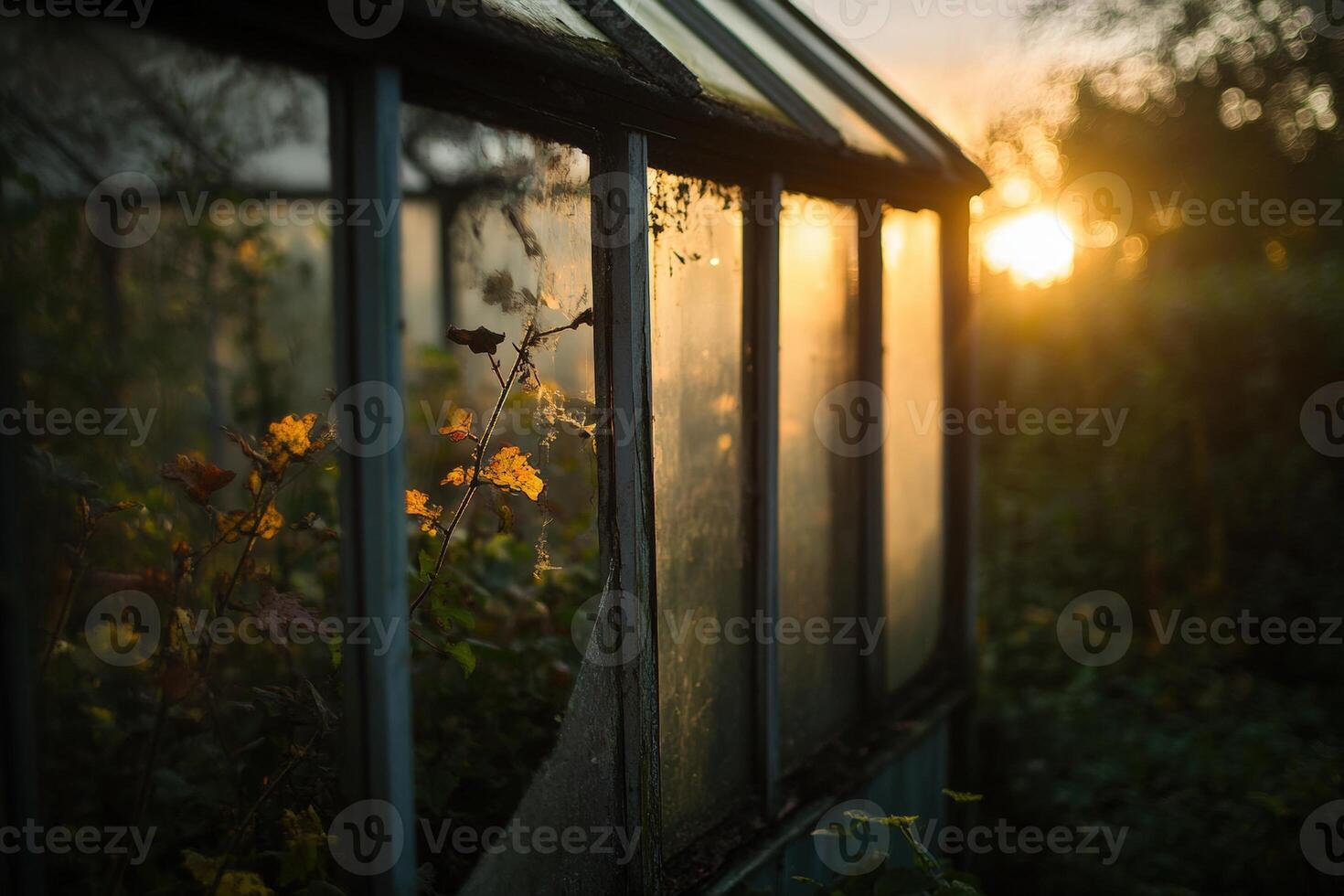 Sunset illuminating a greenhouse with plants during evening hours in a tranquil setting photo