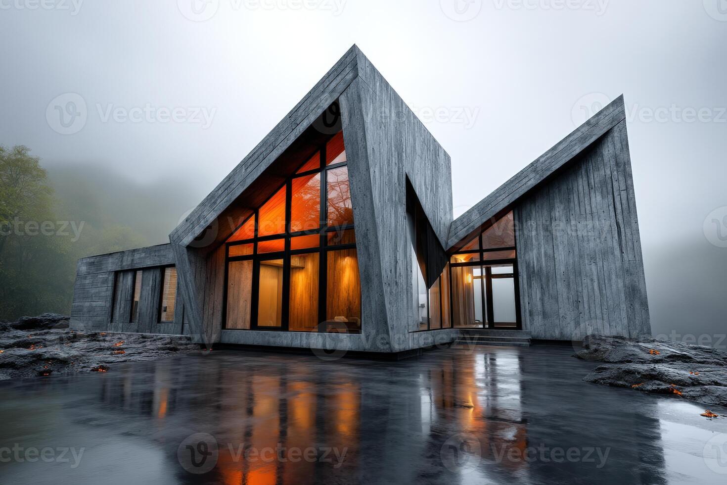 Modern architectural design features sharp angles and large windows in a misty forest setting photo