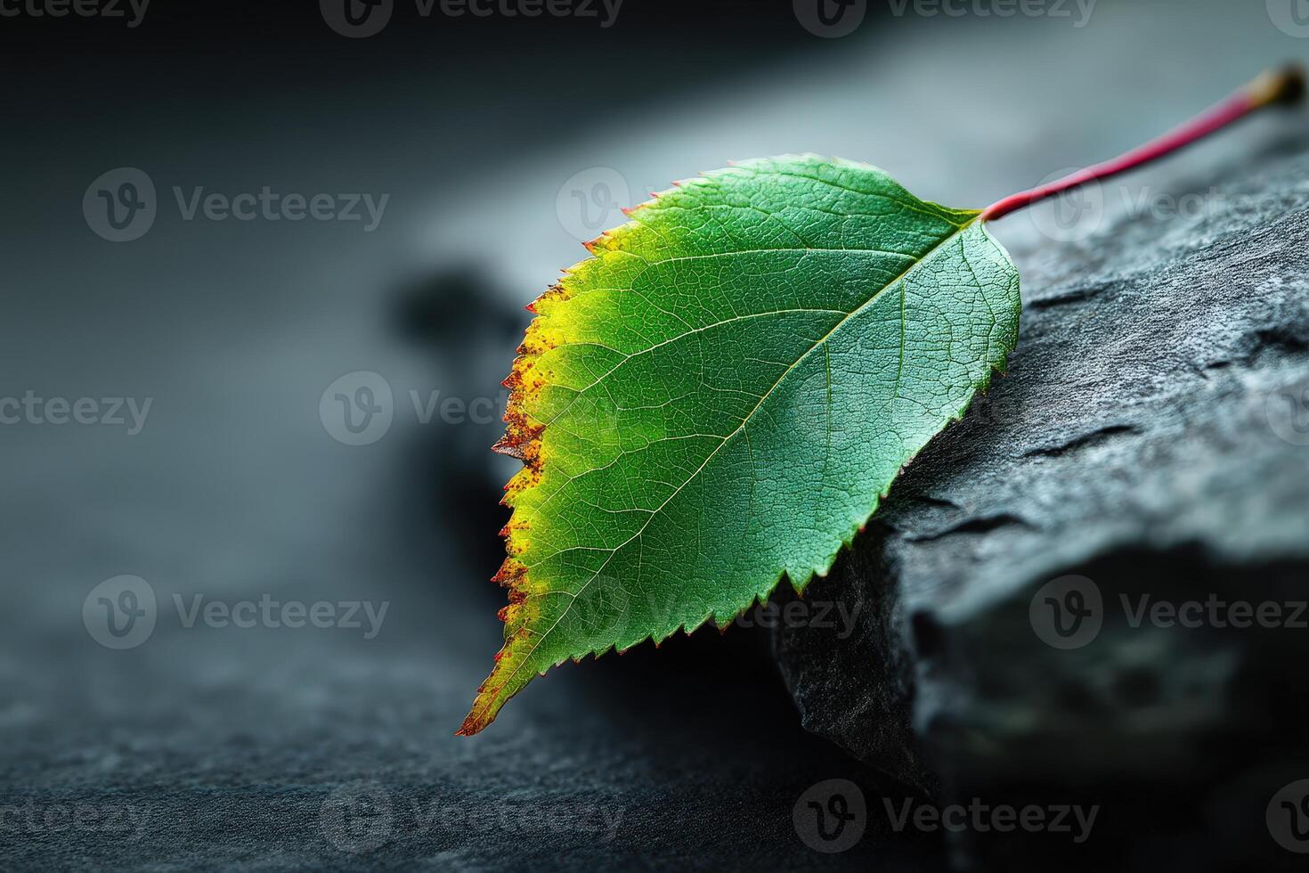 Close-up of a colorful leaf resting on textured stone in a tranquil setting during autumn photo