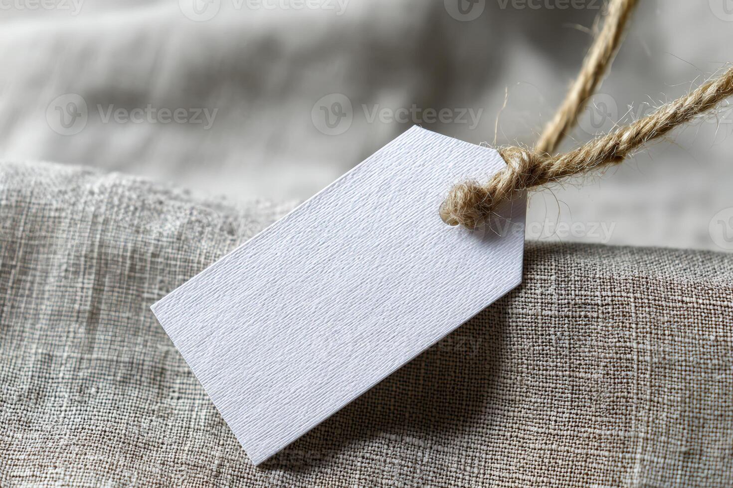 Simple white tag hanging from twine on textured fabric showcasing minimalist design photo