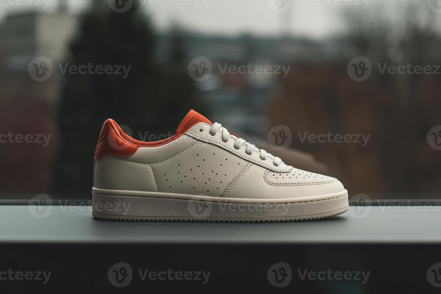 Stylish sneakers displayed on a windowsill with a blurred urban background in daylight photo
