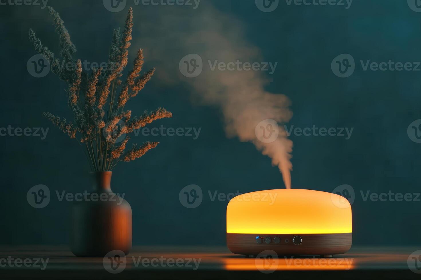 Relaxing atmosphere created by an essential oil diffuser and dried flowers in a cozy space photo