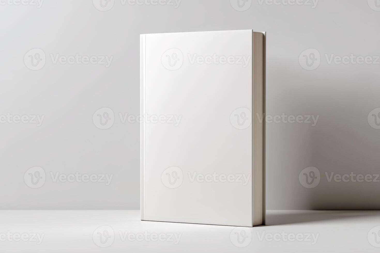 Blank book standing upright on a minimalist shelf in a modern interior space photo
