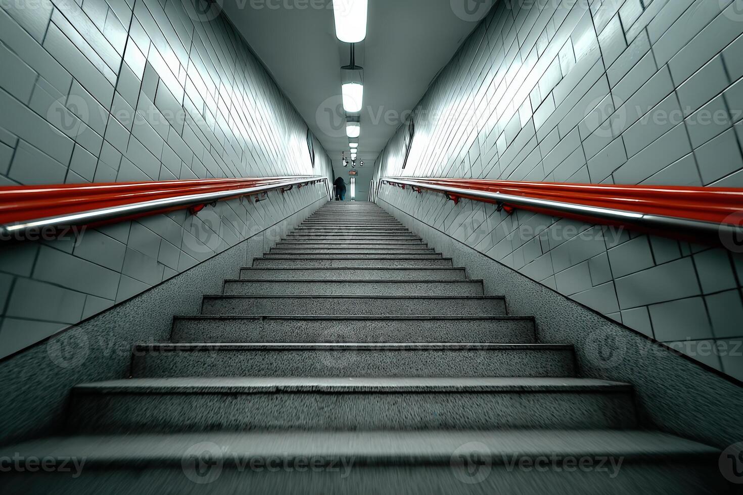 Stairs leading up in a modern subway station during daylight photo