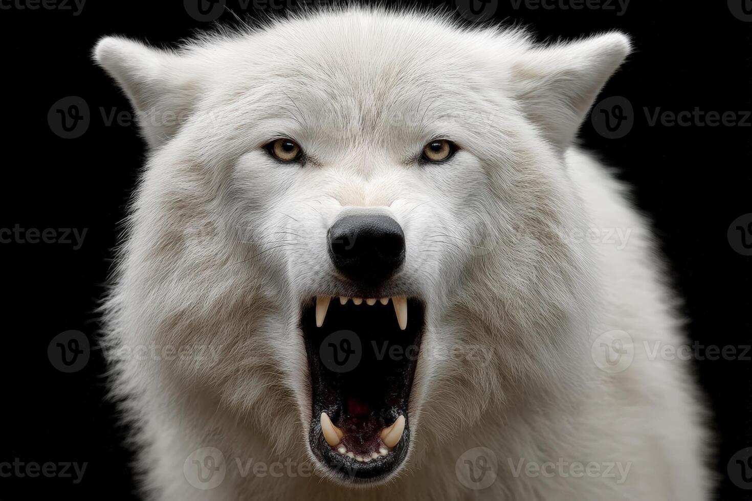 White wolf displaying aggressive behavior in a dark environment photo