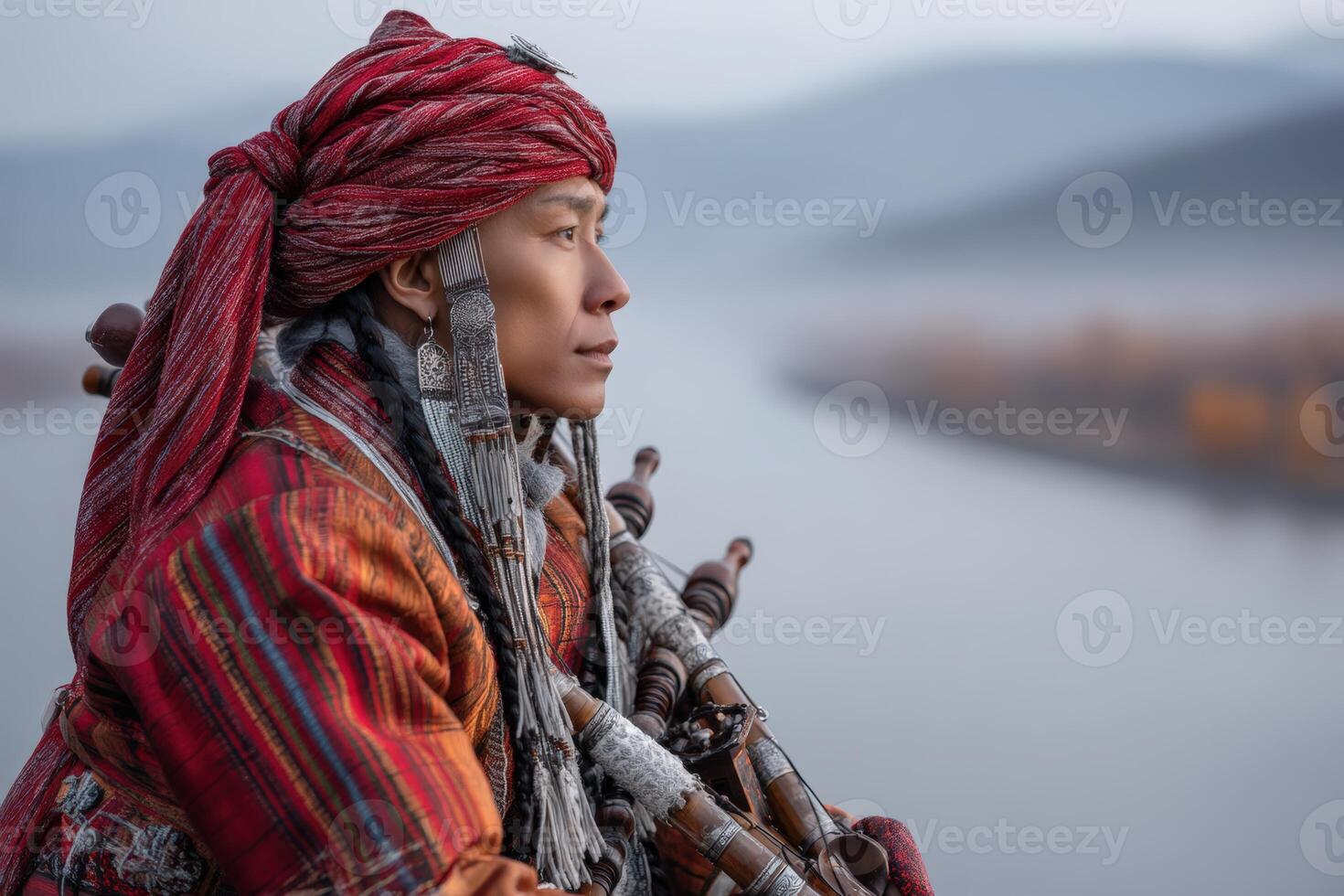 Traditional attire worn by a person by the river during early morning light photo