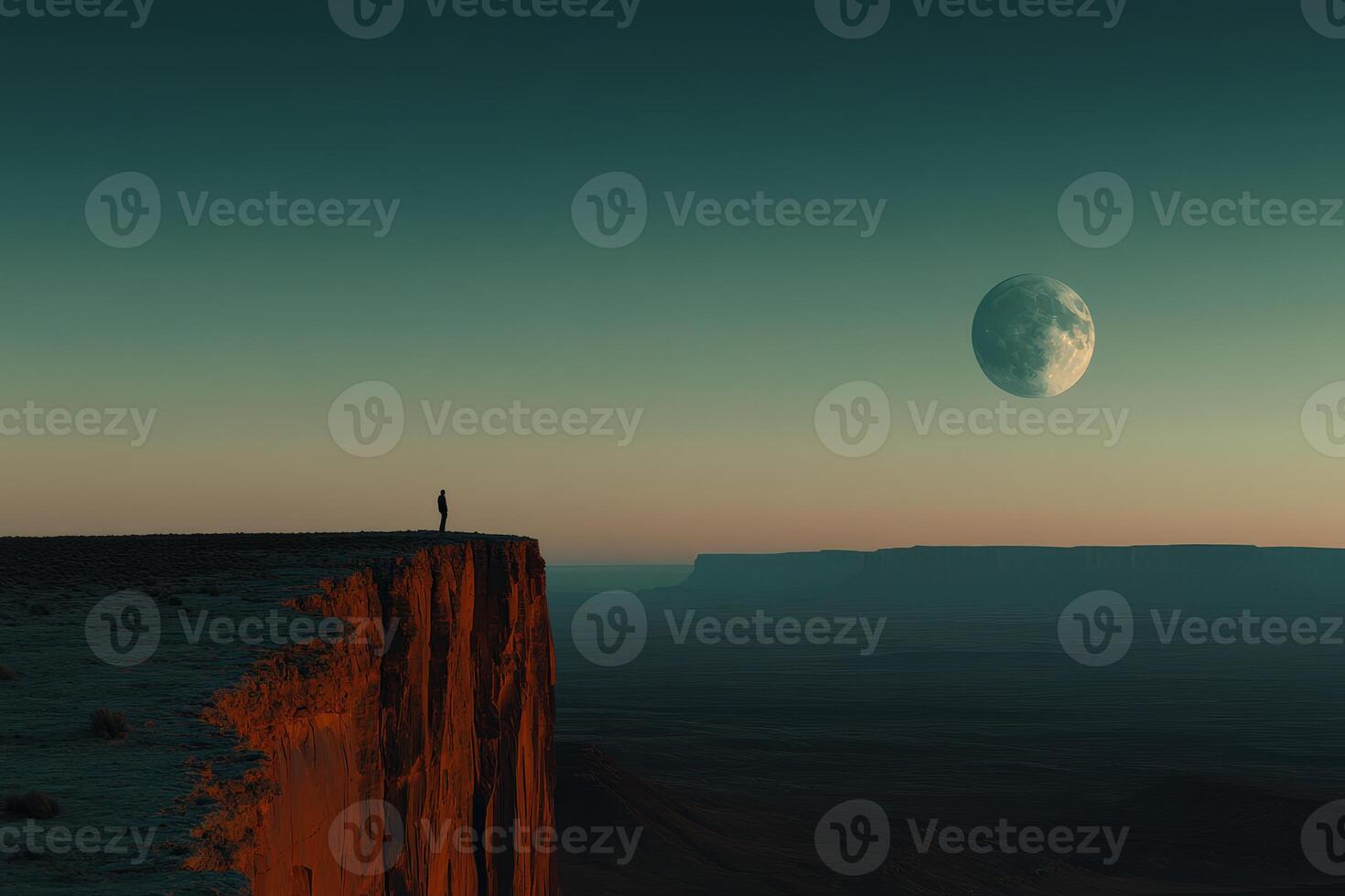 Vast cliff under a large moon at dusk with a solitary figure observing the horizon photo