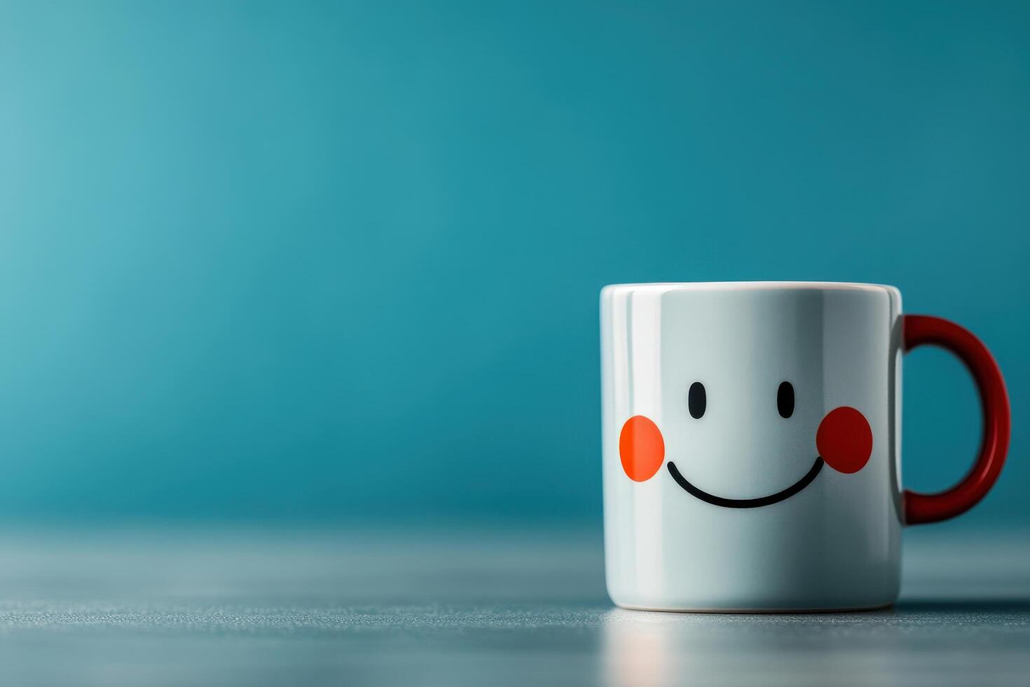 Cheerful smiley mug on a simple surface with a vibrant background photo