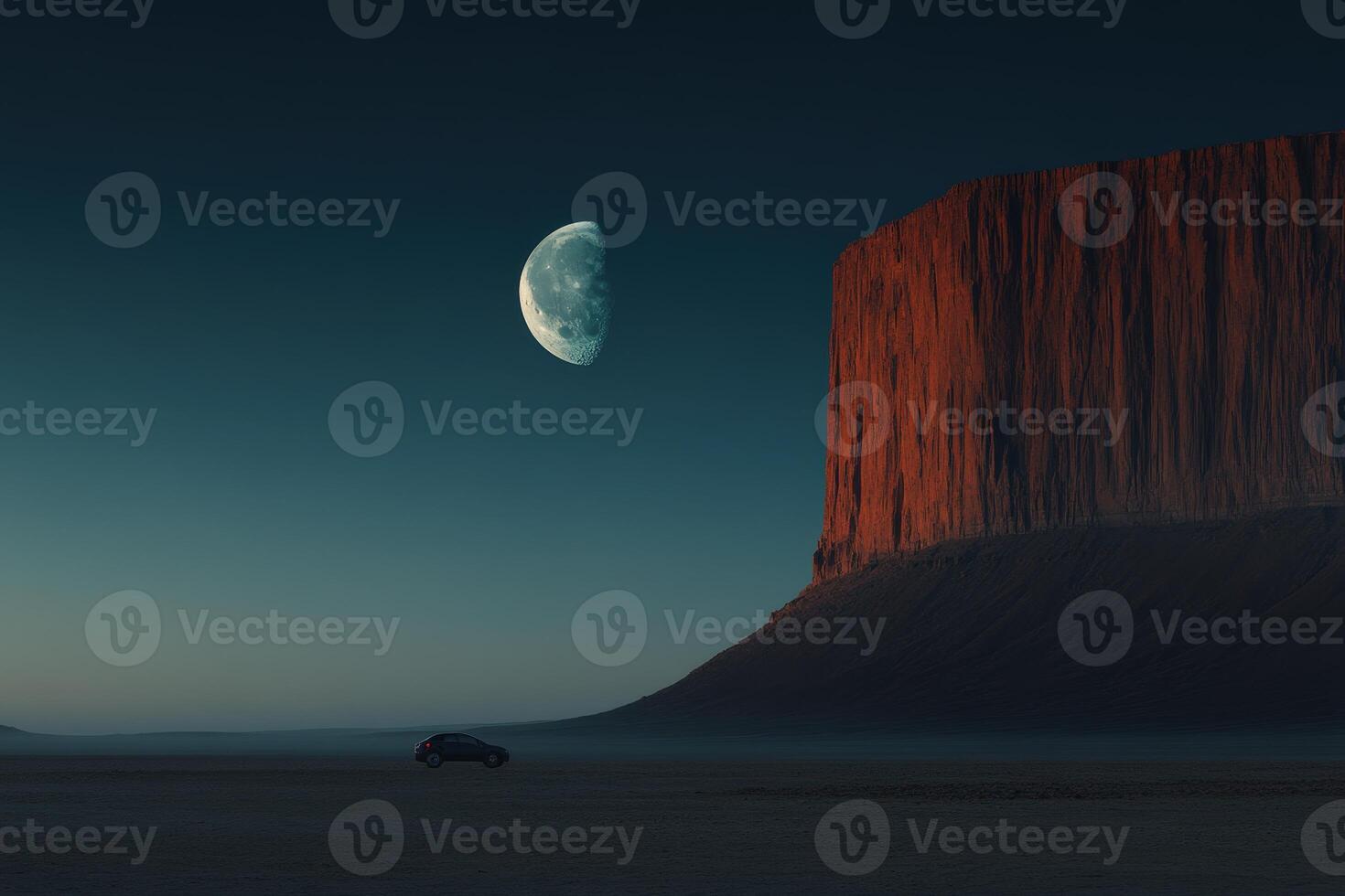 Vast desert landscape features a distant mountain and a large moon in the evening sky photo