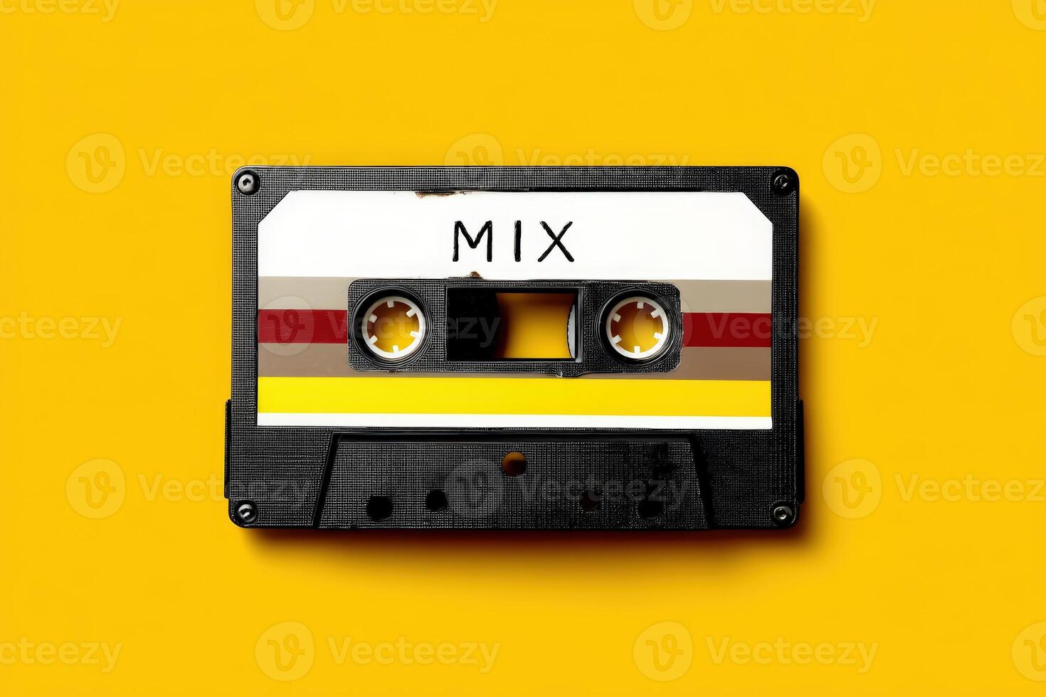 Vintage audio cassette with colorful stripes on yellow background showcasing nostalgia photo