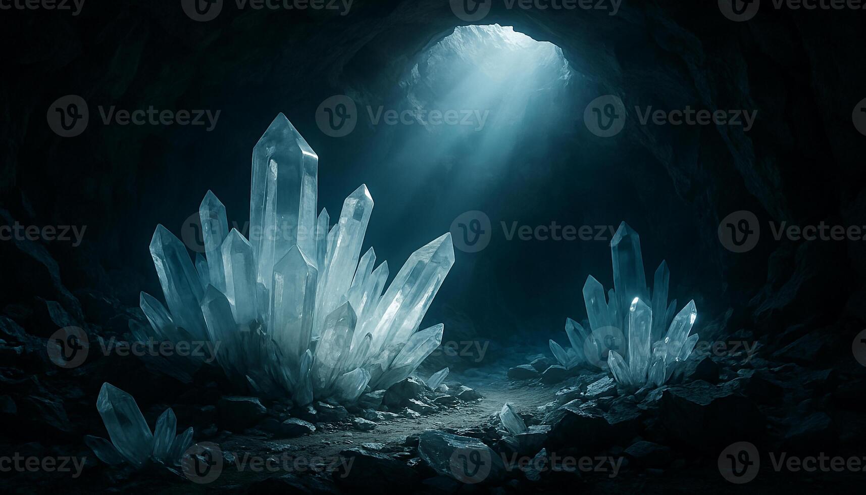 Quartz crystals in illuminated cave with light beam creating enchanting and serene atmosphere photo