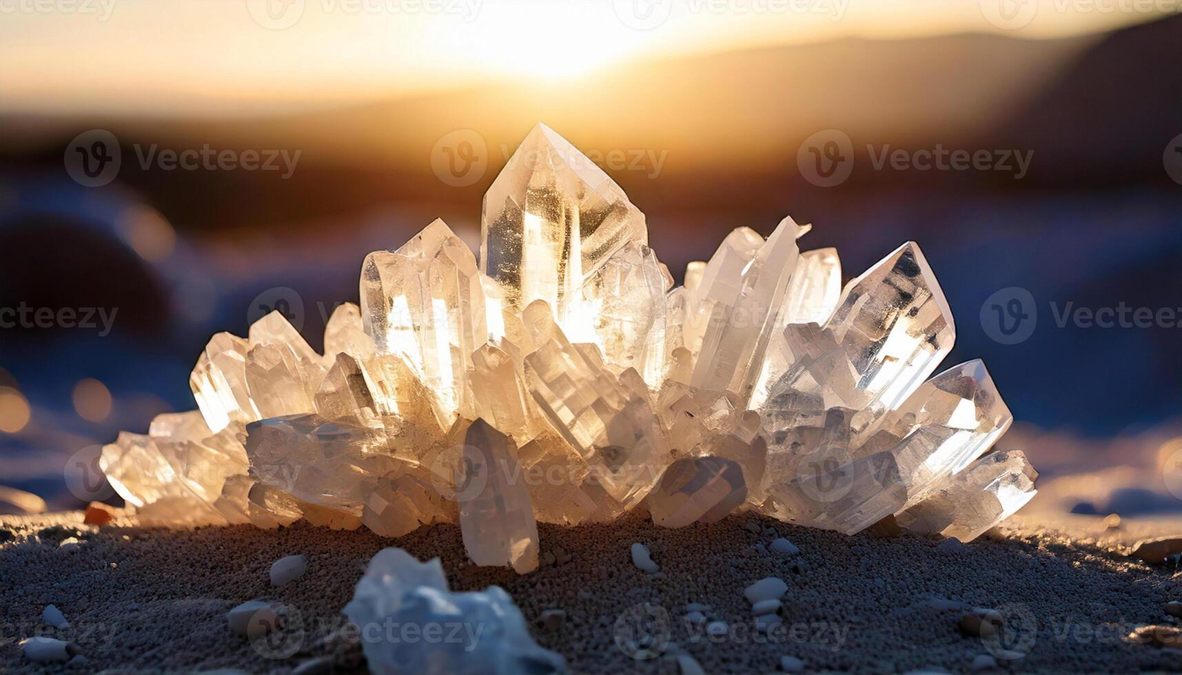 Clear quartz crystals glowing in sunlight with radial arrangement sharp edges and natural beauty photo