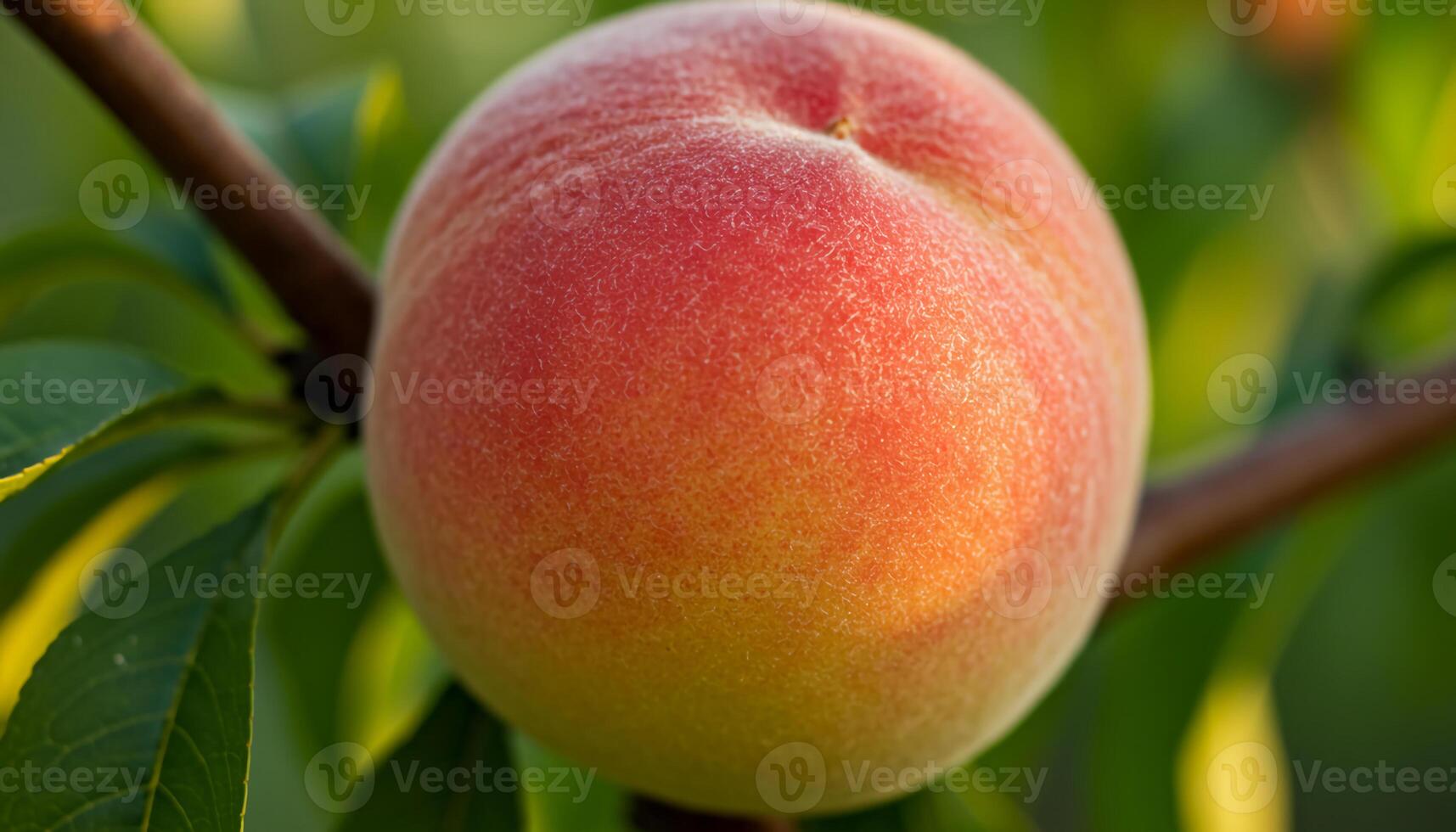 Peach on tree with ripe fruit glowing under sunlight surrounded by green leaves photo
