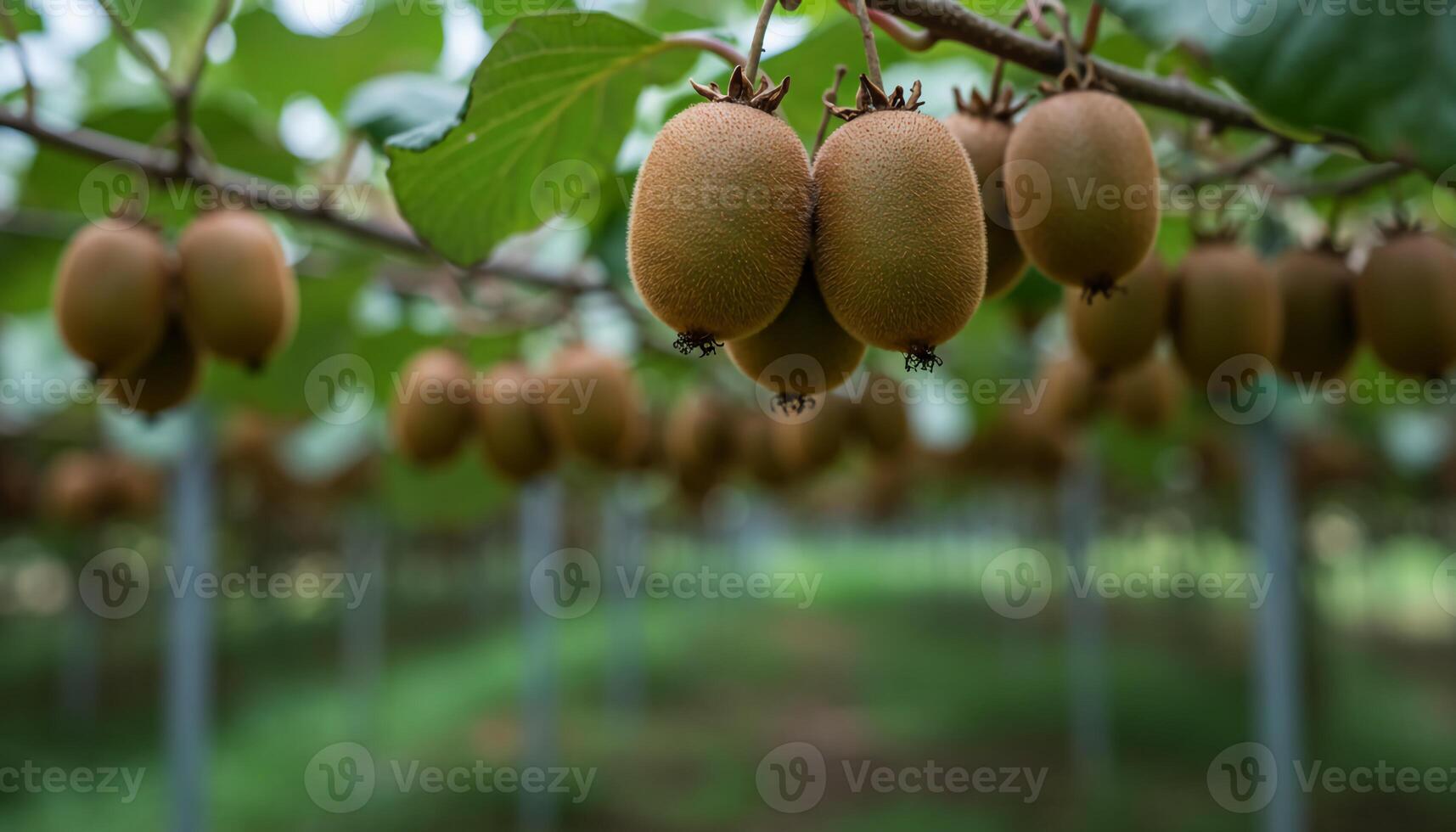 Kiwi orchard with ripe fruits hanging on lush vines bathed in soft natural light photo