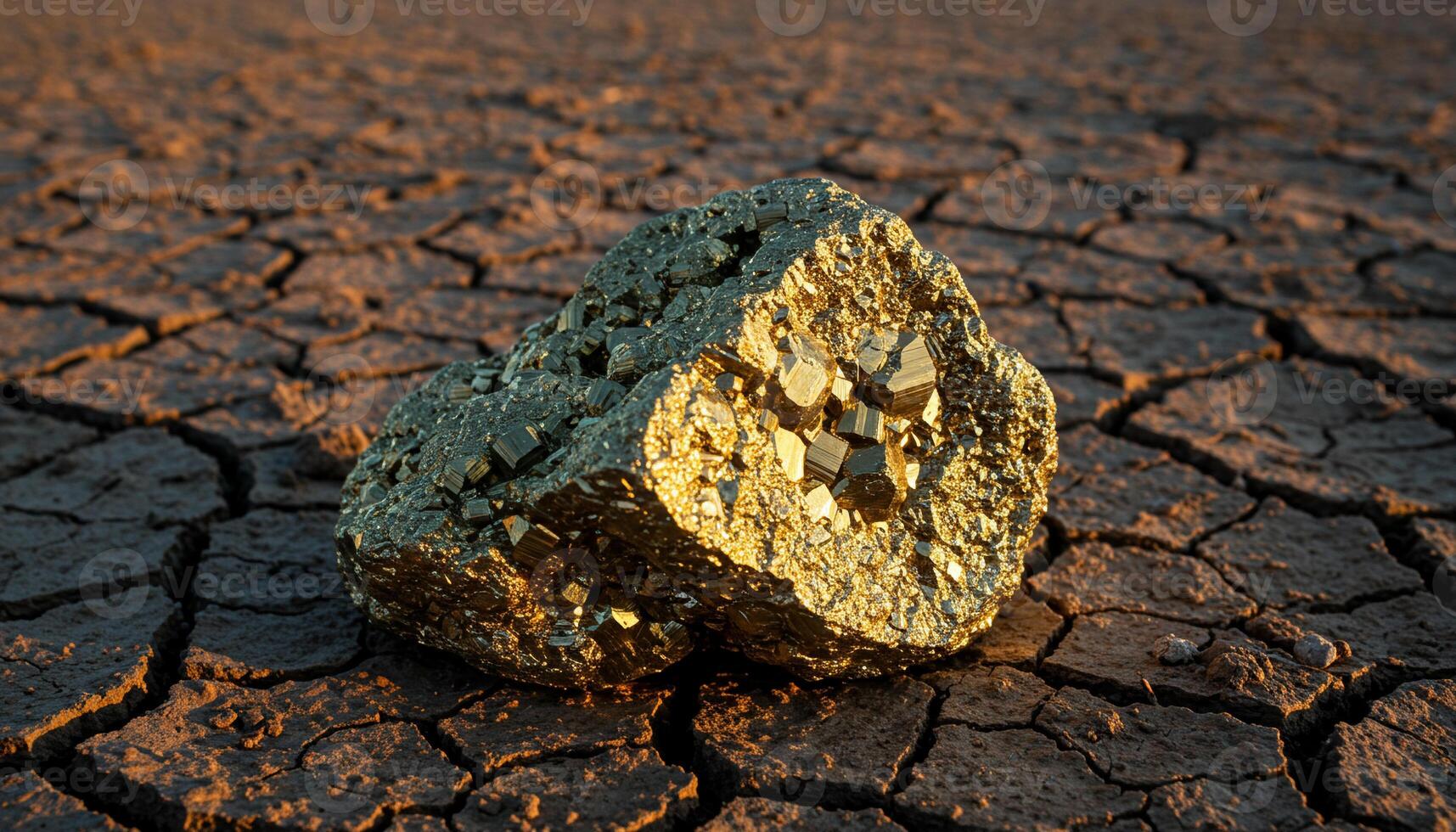 Shiny pyrite crystals on cracked earth reflecting sunlight in rugged and natural geological scene photo