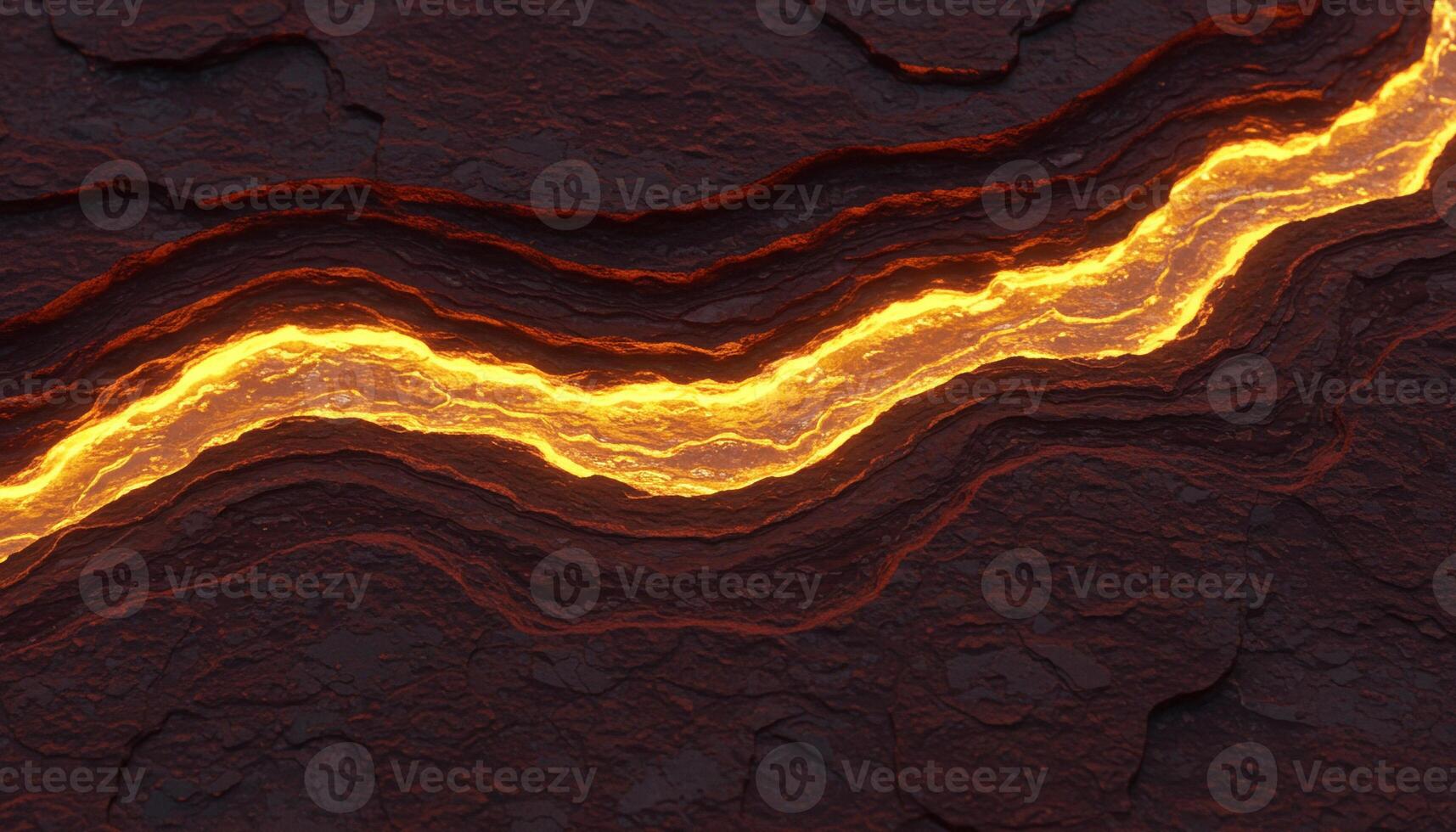Glowing lava flow with orange yellow hues on dark cracked rocks and volcanic textures photo