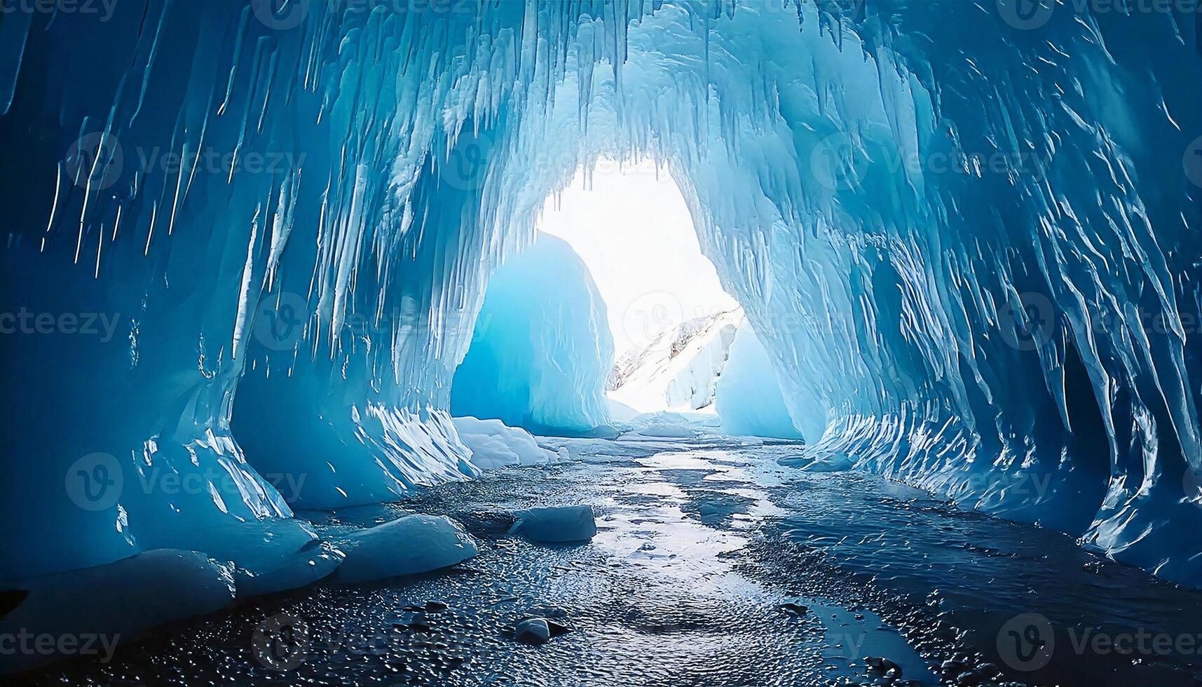 Inside an enchanting ice cave with glowing blue hues and magnificent frozen formations photo
