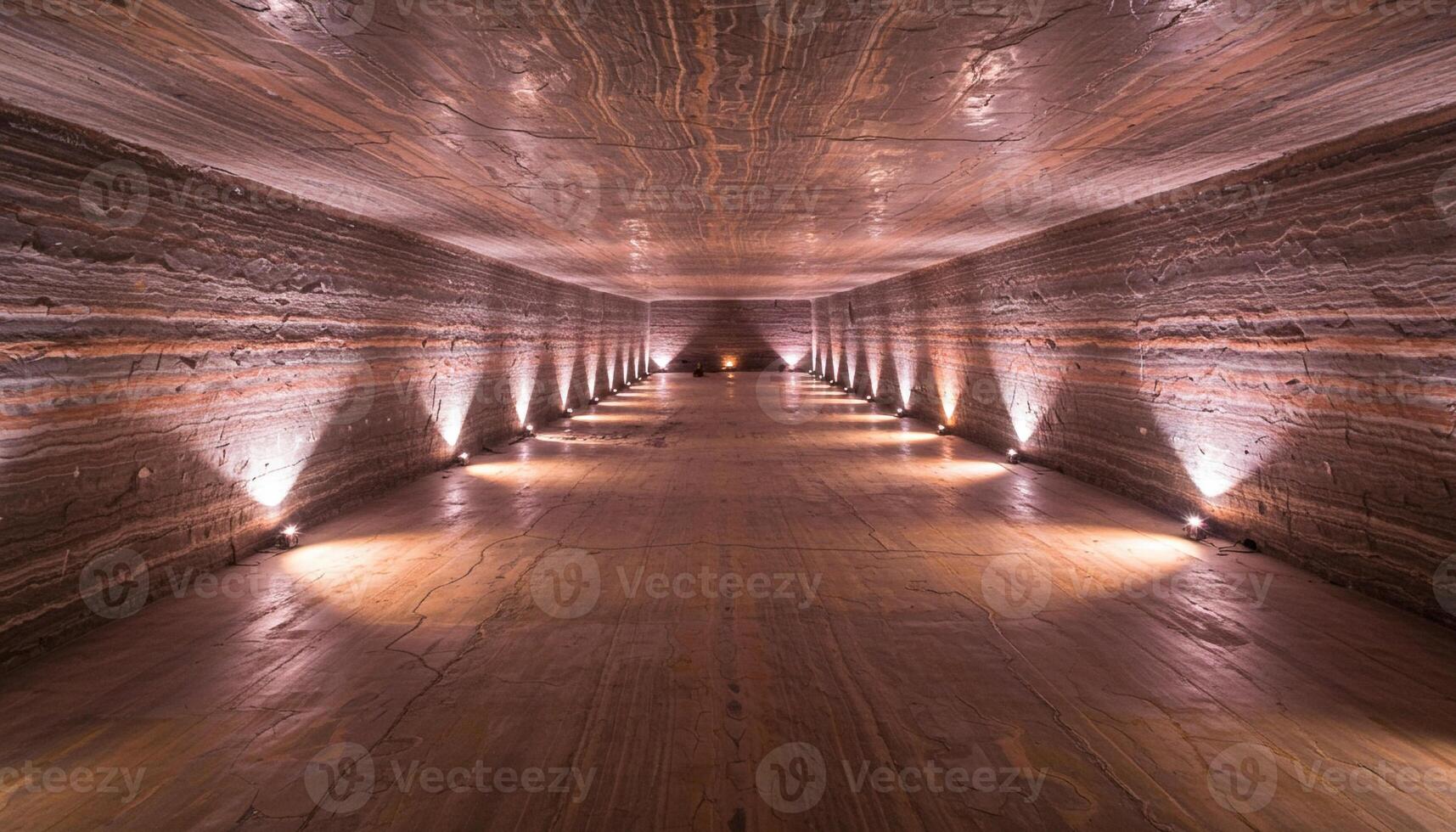 Illuminated stone corridor with textured layered walls and lighting creating natural depth photo