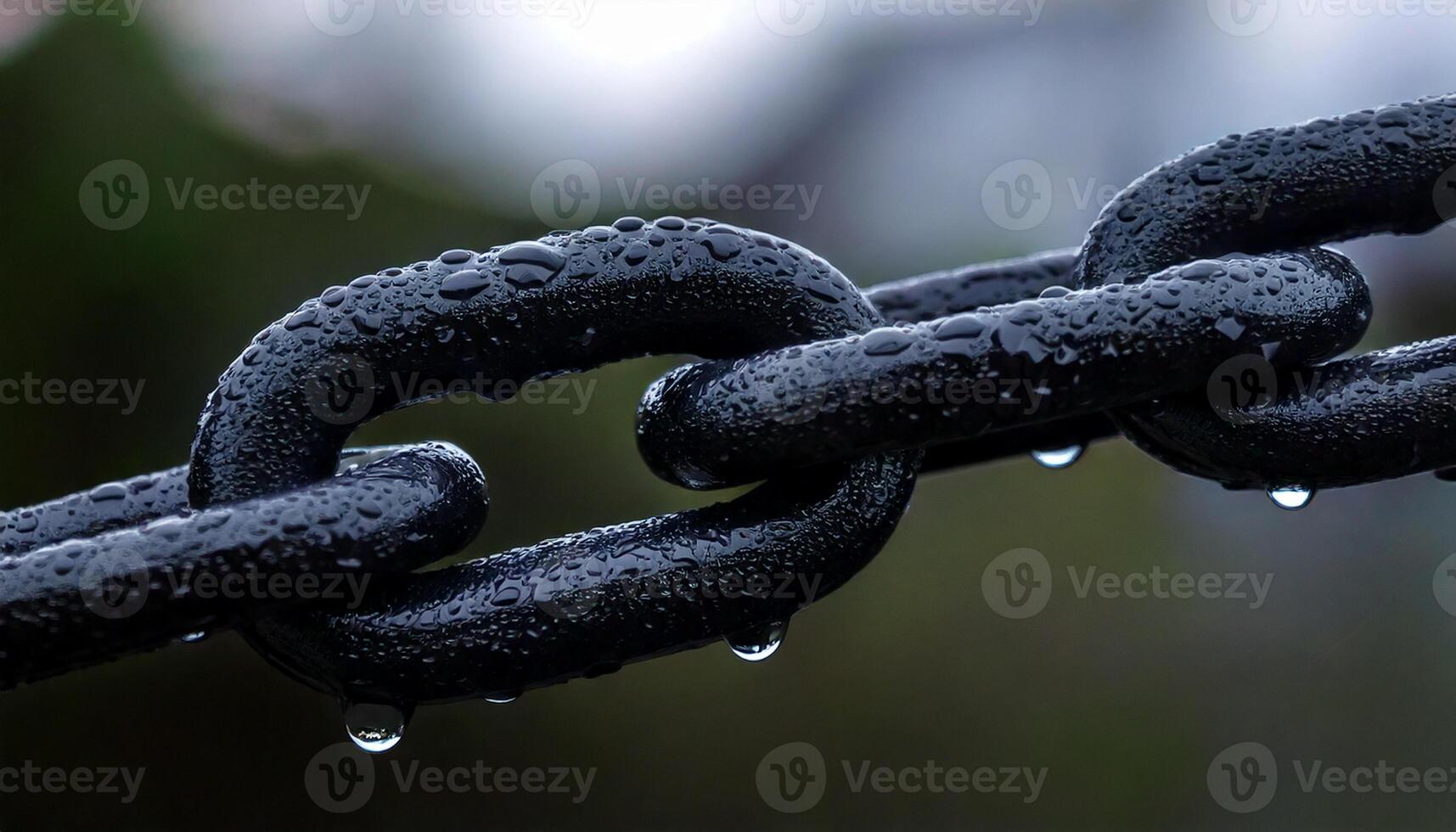 Black metal chain with water droplets wet textures and glowing reflections in detailed close-up photo