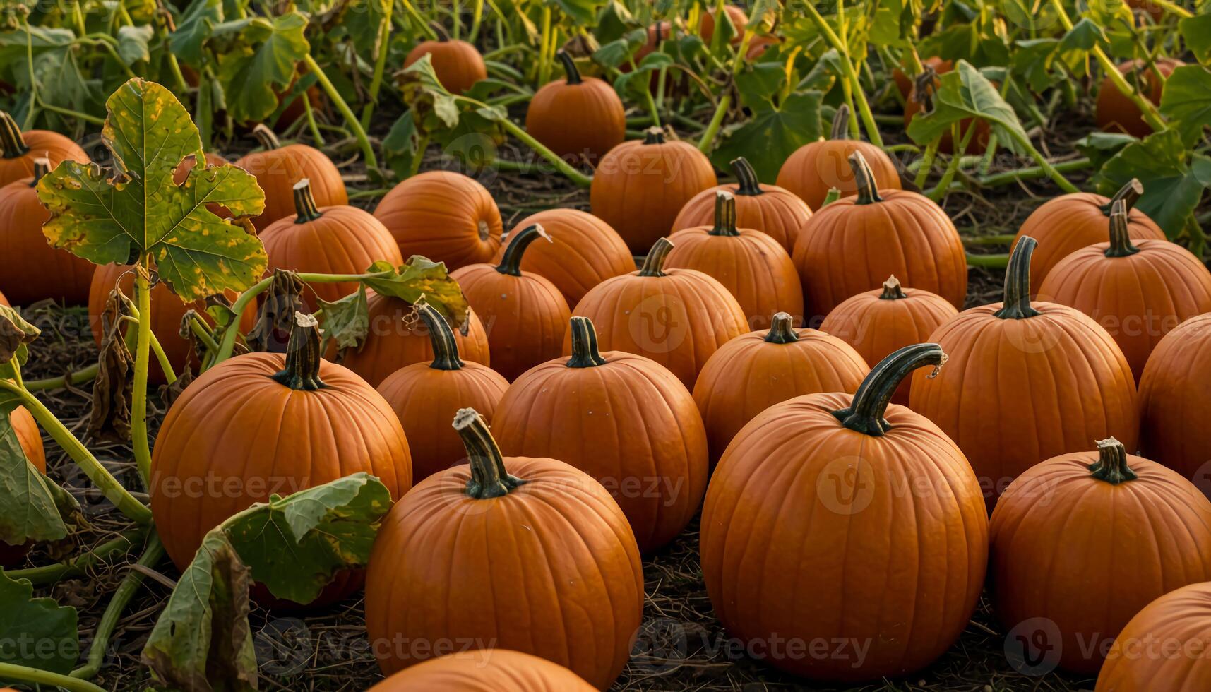 Golden autumn light on pumpkin field with vibrant orange pumpkins and rich soil textures photo