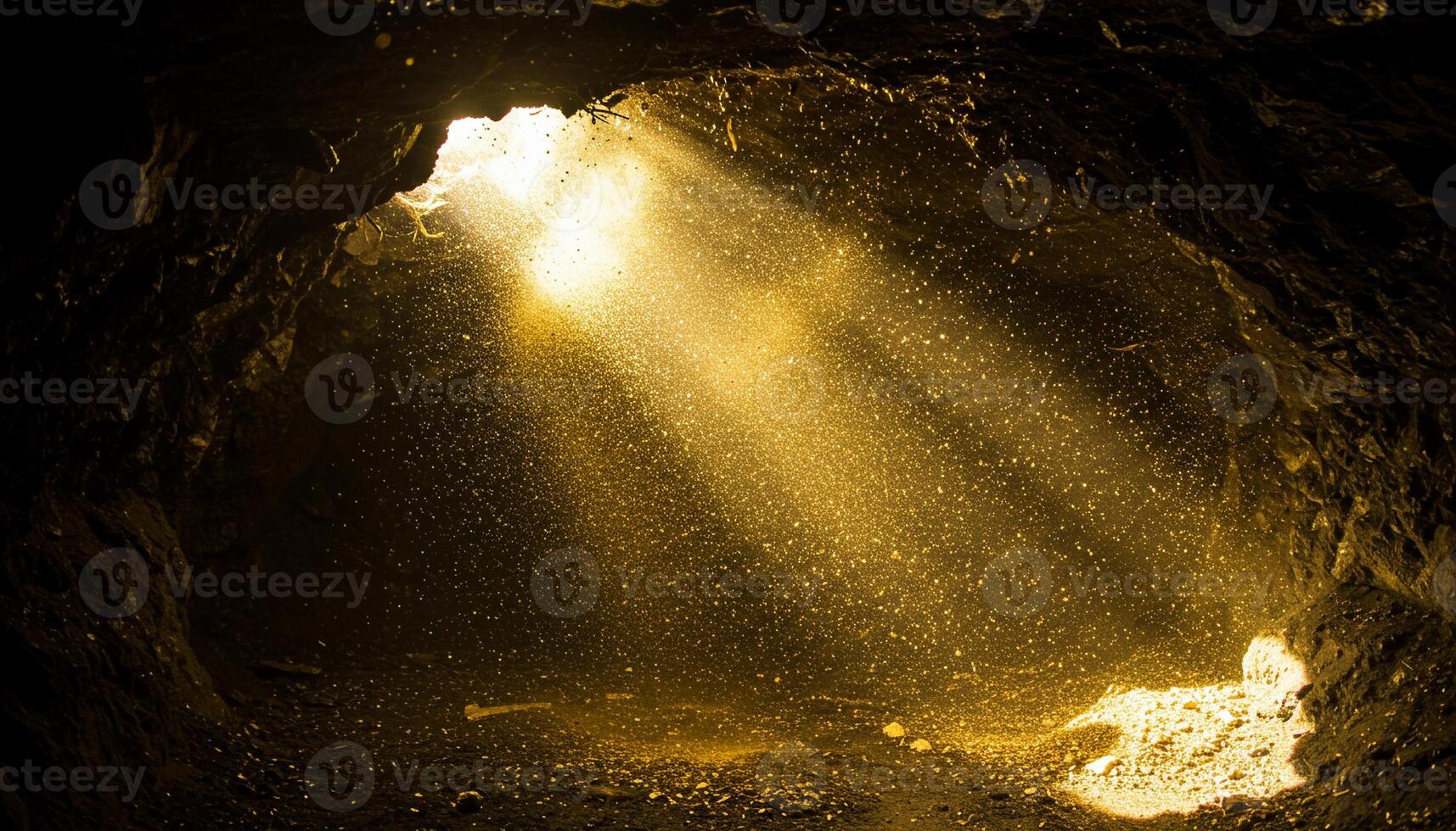Sunlight streaming in cave with floating dust beams of light and natural serene beauty photo