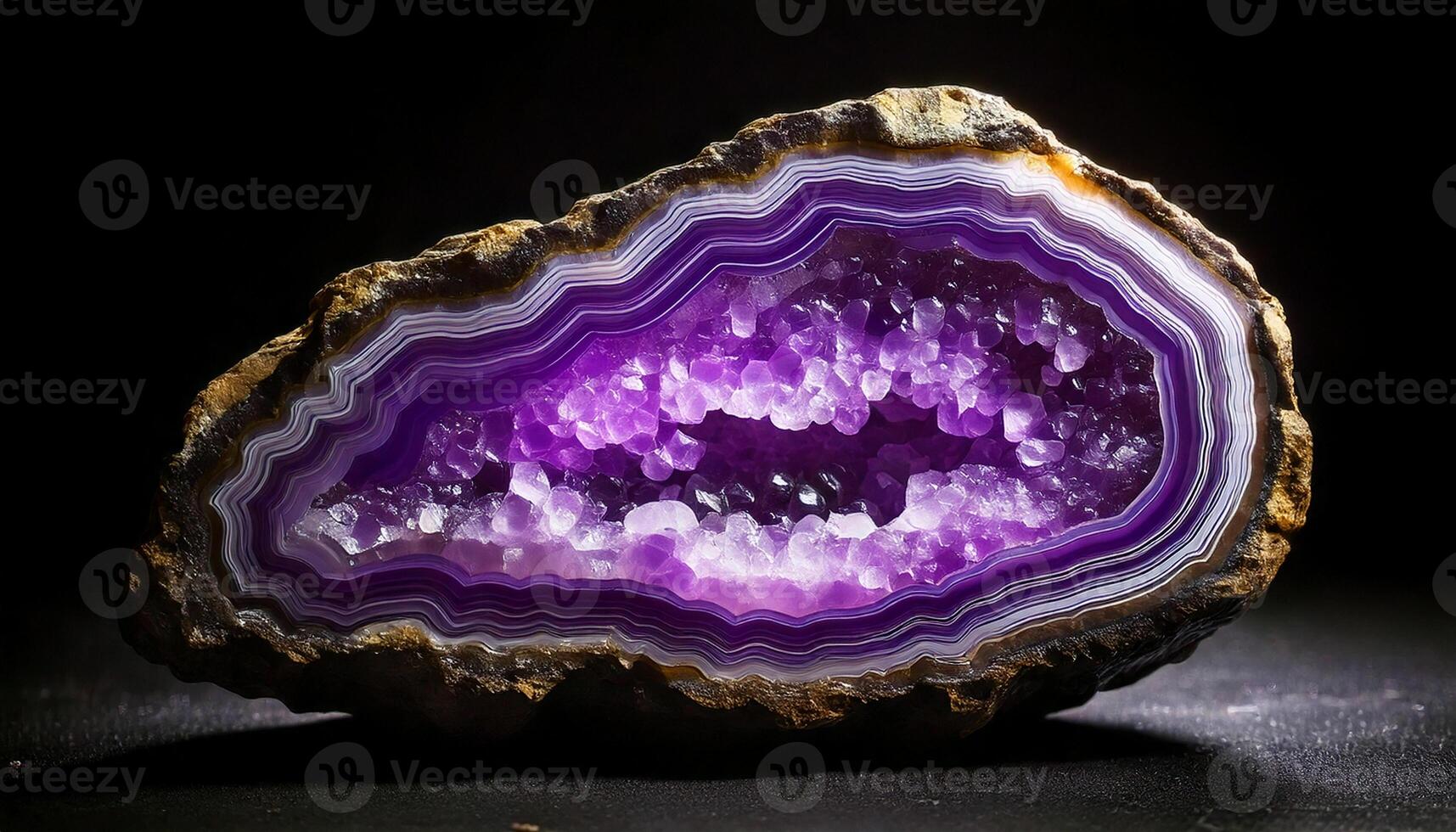 Purple geode cross-section with crystalline structure layered gradient and glowing mineral beauty photo