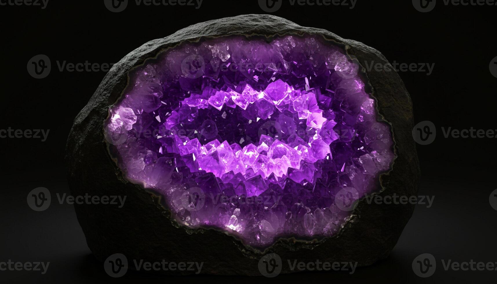 Purple geode cross-section with sparkling crystals textured layers and geological elegance photo