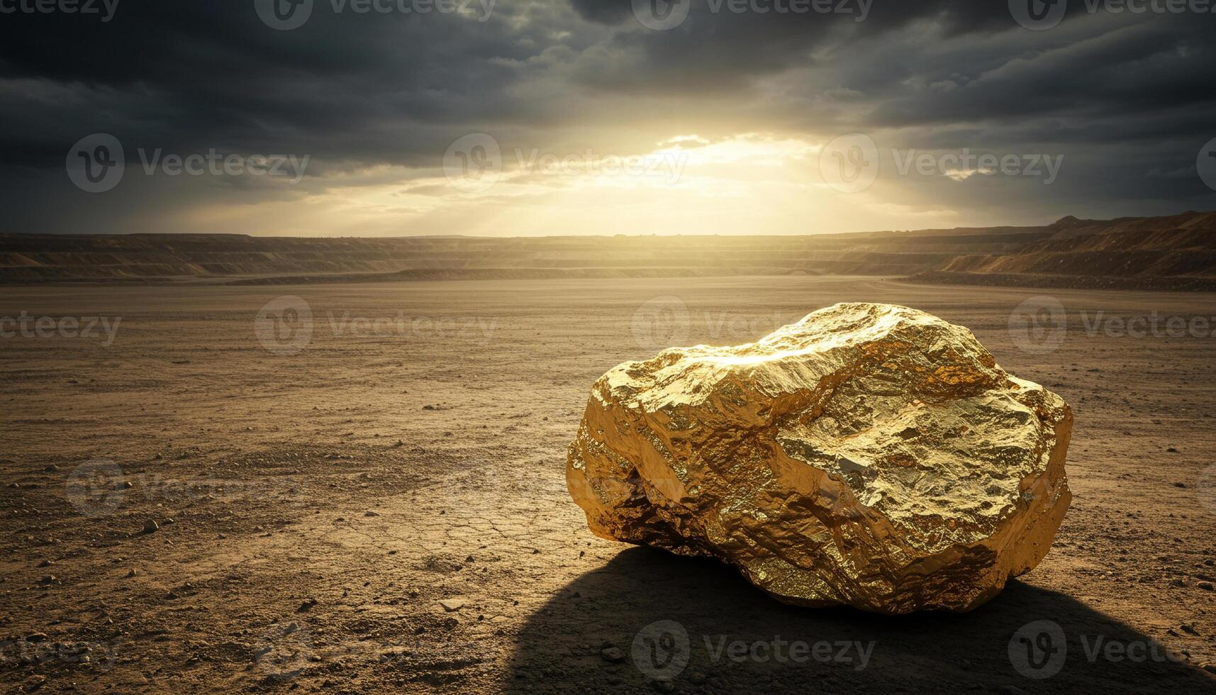 Gold nugget on cracked desert ground with glowing sunlight and dramatic cloudy natural scene photo
